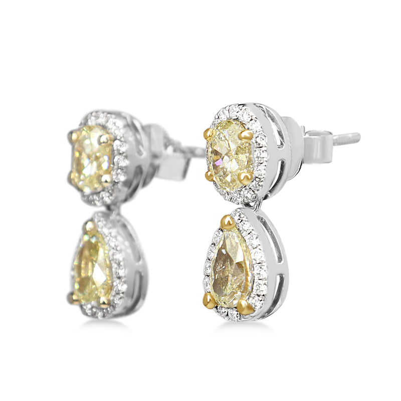 18ct Yellow and White Gold Oval and Pear Yellow Diamond Halo Drop Earrings