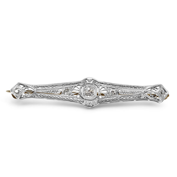 14ct White Gold Old Cut Diamond Art Deco Brooch