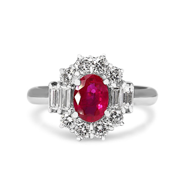 Platinum Ruby and Baguette Diamond Halo Ring