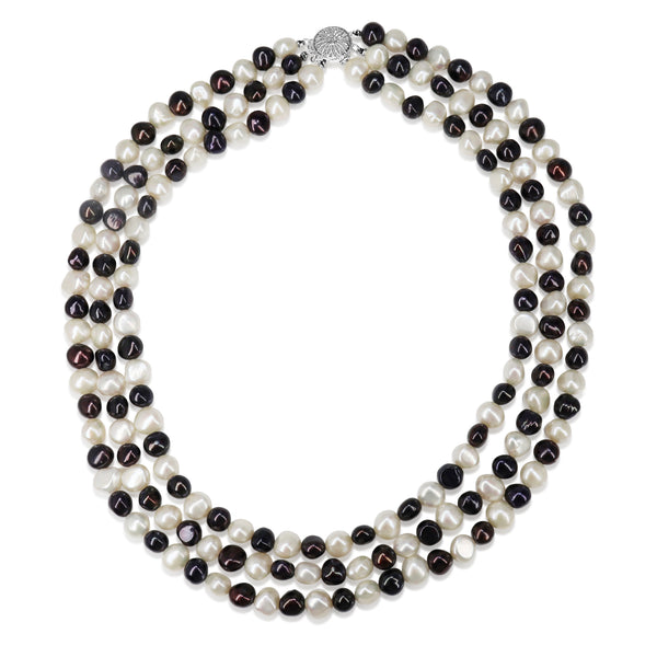 Silver Freshwater Black and White 3 Strand Pearl Necklace