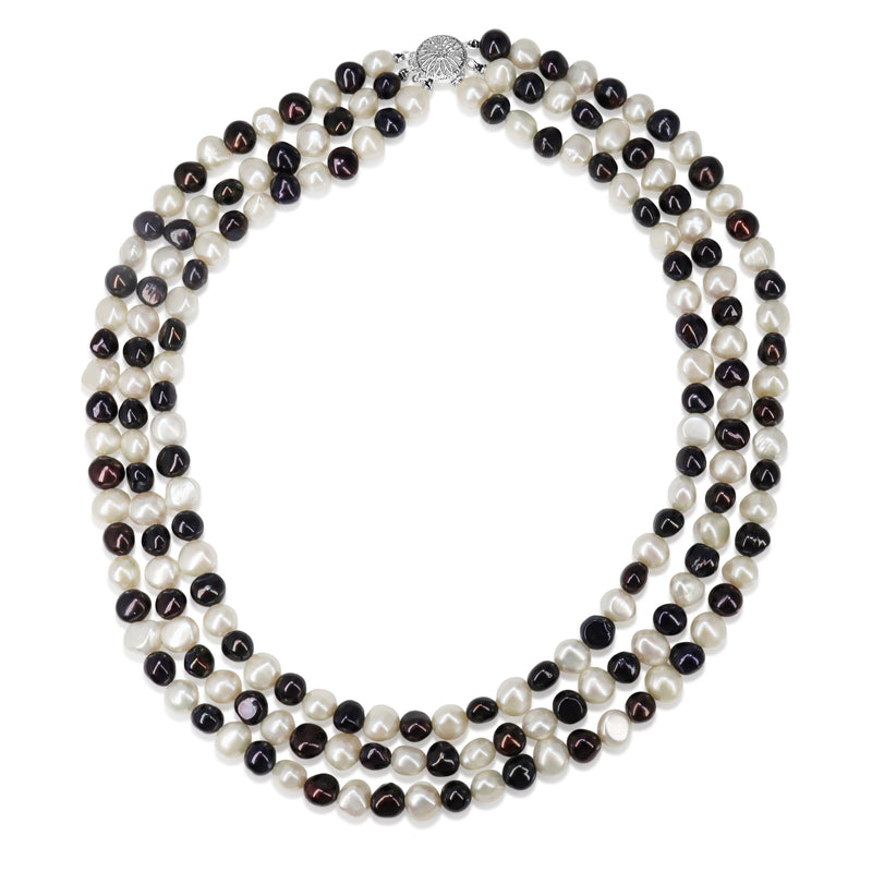 Silver Freshwater Black and White 3 Strand Pearl Necklace