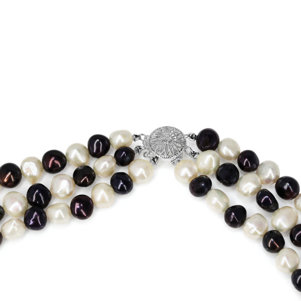 Silver Freshwater Black and White 3 Strand Pearl Necklace