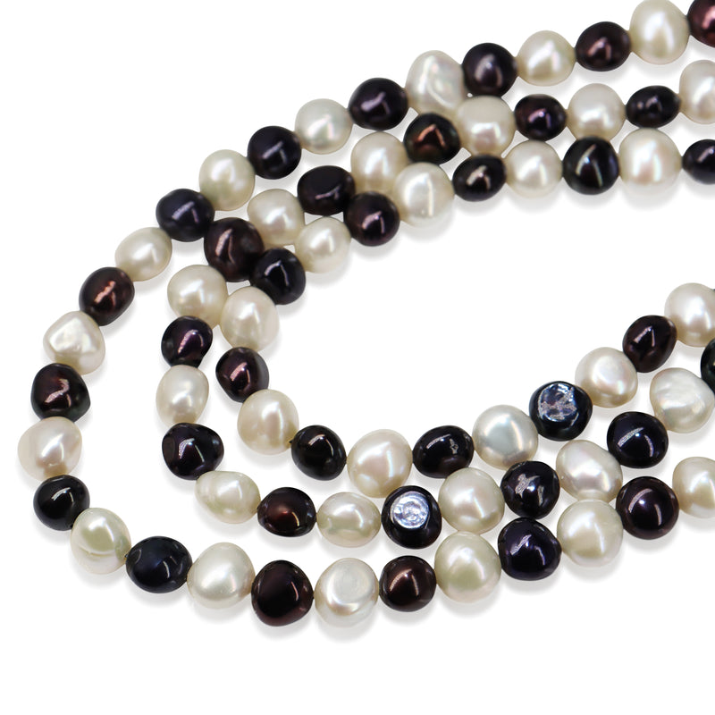 Silver Freshwater Black and White 3 Strand Pearl Necklace