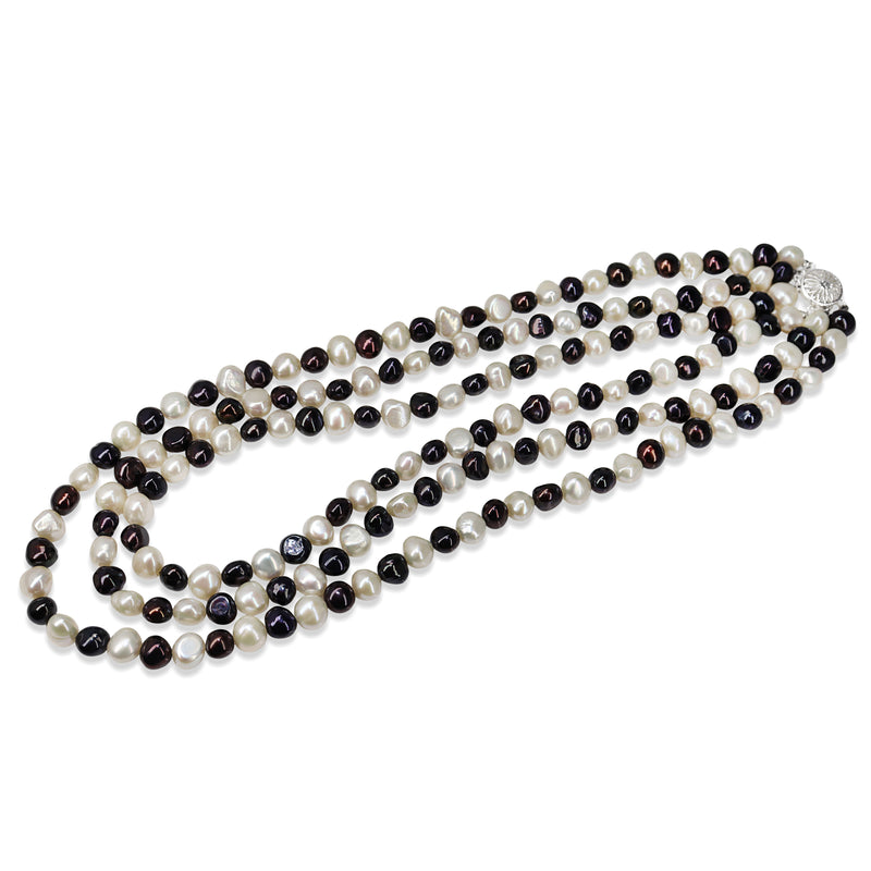 Silver Freshwater Black and White 3 Strand Pearl Necklace