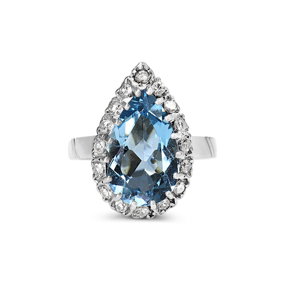 Platinum Pear Shaped Aquamarine and Single Cut Diamond Halo Ring
