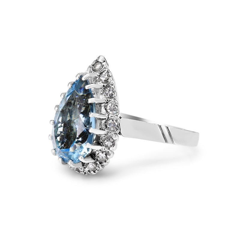 Platinum Pear Shaped Aquamarine and Single Cut Diamond Halo Ring