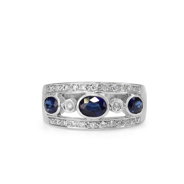 18ct White Gold Oval Sapphire and Diamond Band Ring