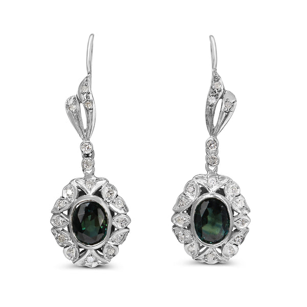 Palladium Art Deco Teal Sapphire and Single Cut Diamond Earrings