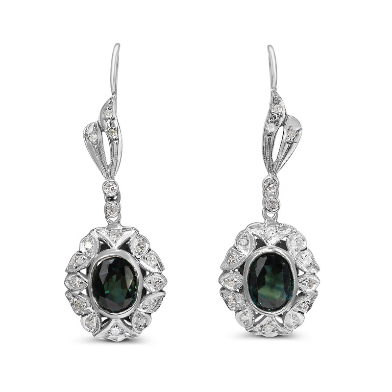 Palladium Art Deco Teal Sapphire and Single Cut Diamond Earrings