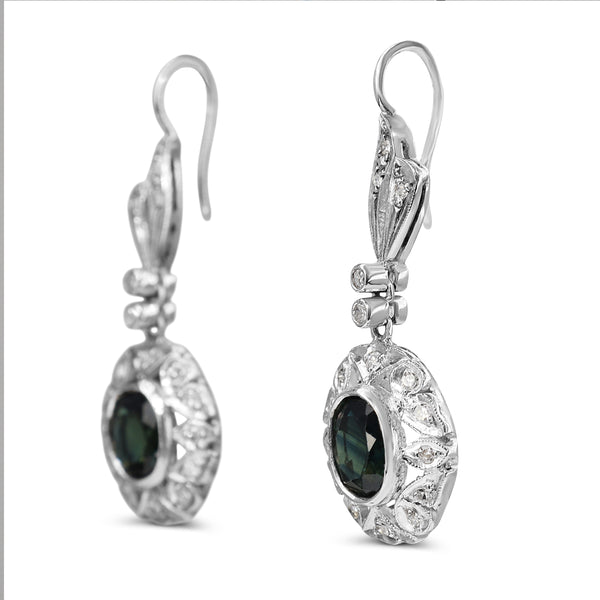 Palladium Art Deco Teal Sapphire and Single Cut Diamond Earrings