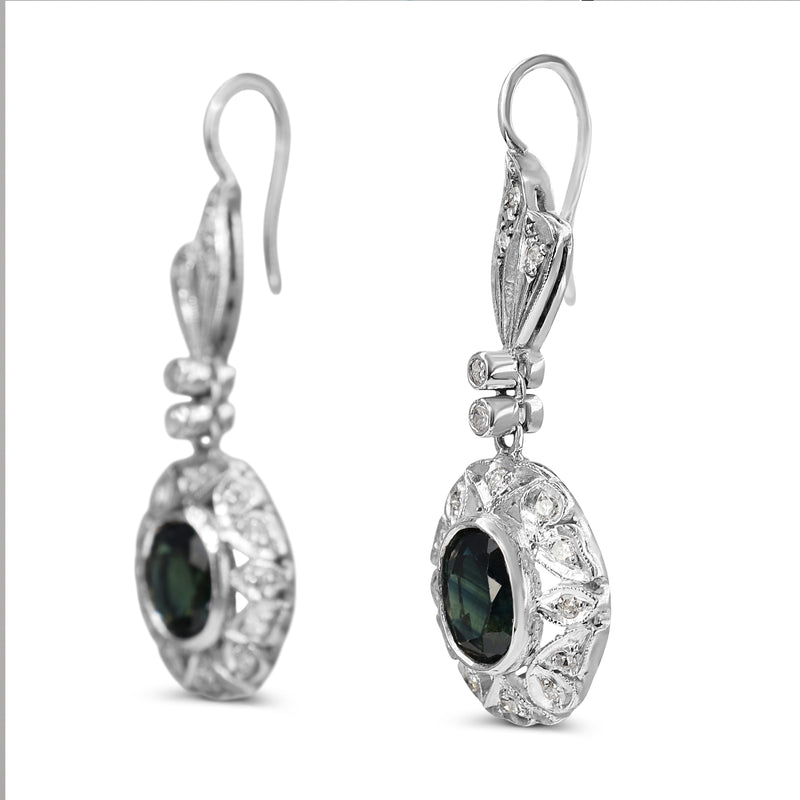 Palladium Art Deco Teal Sapphire and Single Cut Diamond Earrings