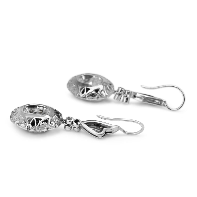 Palladium Art Deco Teal Sapphire and Single Cut Diamond Earrings