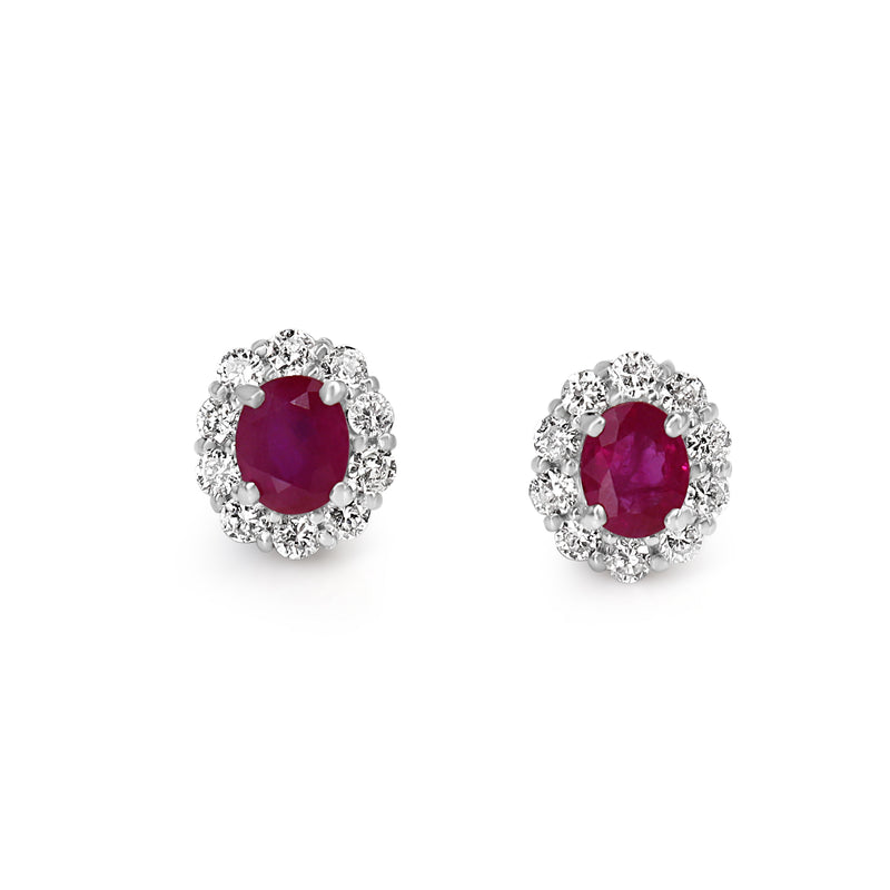 Platinum Ruby and Diamond Halo Stud Earrings