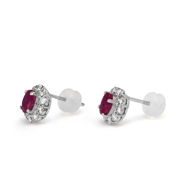 Platinum Ruby and Diamond Halo Stud Earrings
