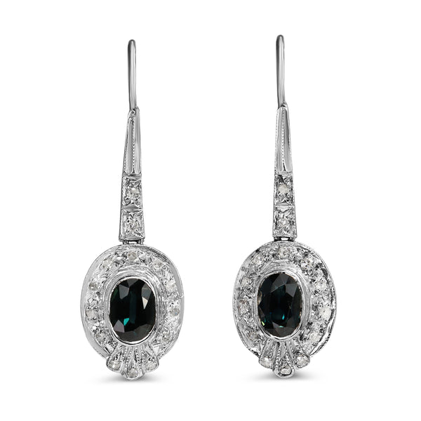 Palladium Art Deco Sapphire and Single Cut Diamond Earrings