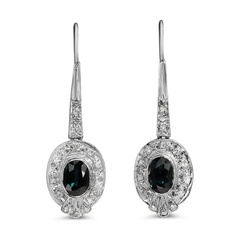 Palladium Art Deco Sapphire and Single Cut Diamond Earrings