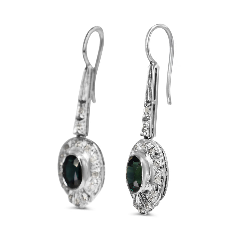 Palladium Art Deco Sapphire and Single Cut Diamond Earrings