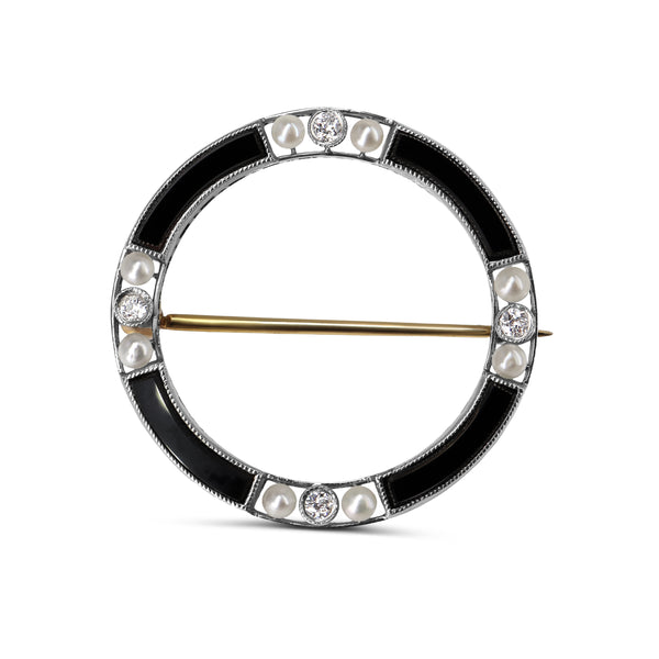 14ct Yellow and White Gold Onyx, Pearl and Old Cut Diamond Circle Brooch