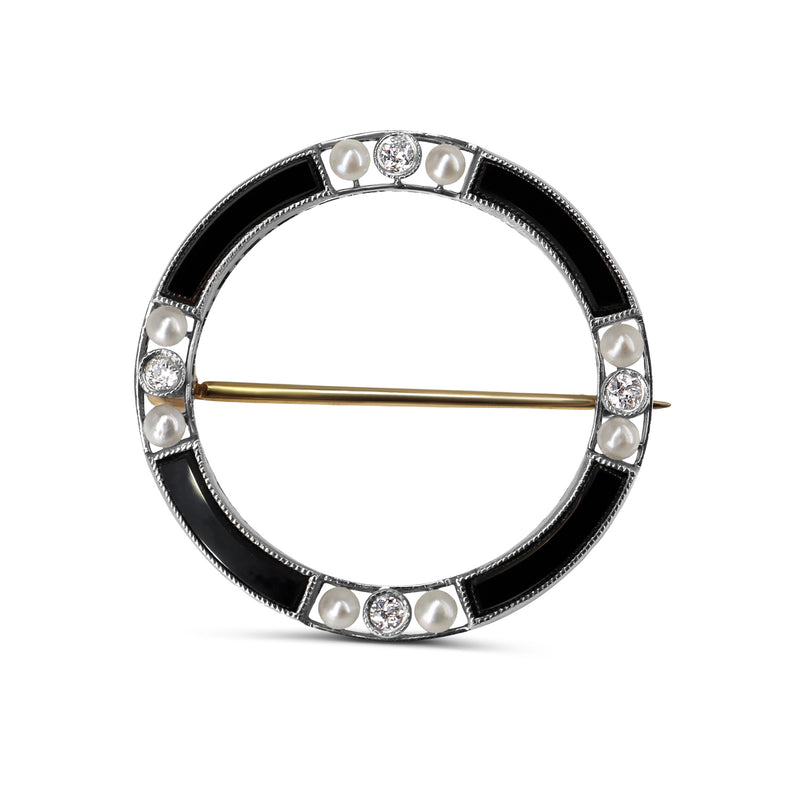 14ct Yellow and White Gold Onyx, Pearl and Old Cut Diamond Circle Brooch