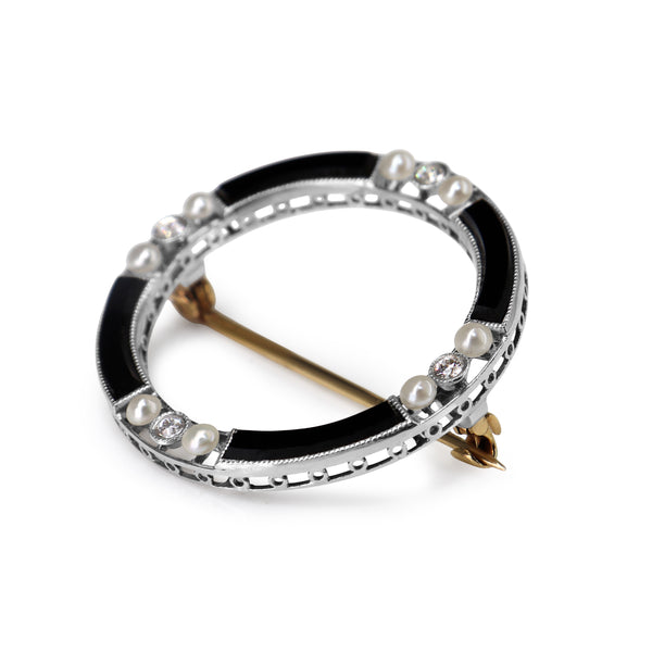 14ct Yellow and White Gold Onyx, Pearl and Old Cut Diamond Circle Brooch