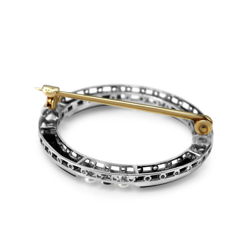 14ct Yellow and White Gold Onyx, Pearl and Old Cut Diamond Circle Brooch
