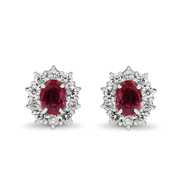 Platinum Ruby and Diamond Halo Stud Earrings