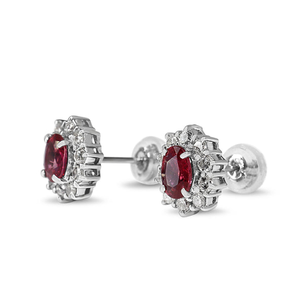 Platinum Ruby and Diamond Halo Stud Earrings