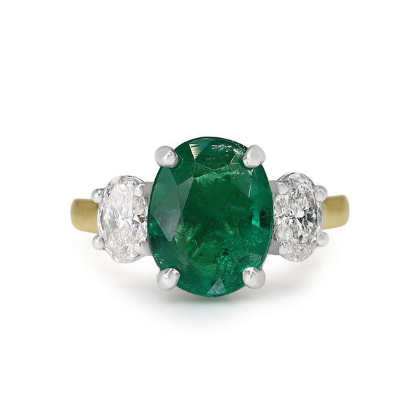 18ct Yellow and White Gold Emerald and Oval Diamond 3 Stone Ring