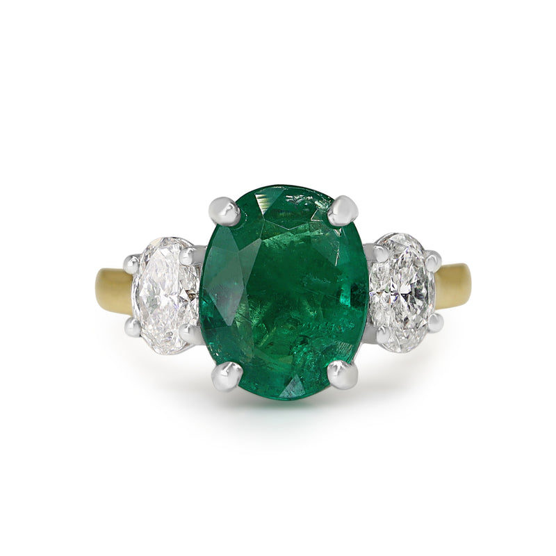 18ct Yellow and White Gold Emerald and Oval Diamond 3 Stone Ring