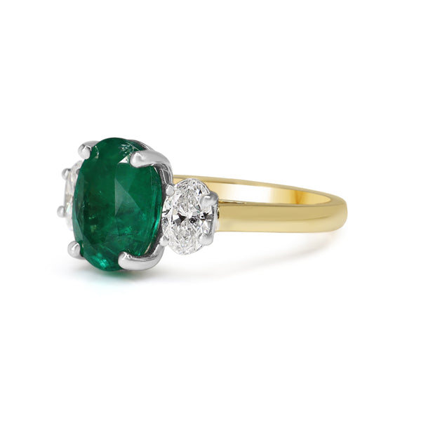 18ct Yellow and White Gold Emerald and Oval Diamond 3 Stone Ring