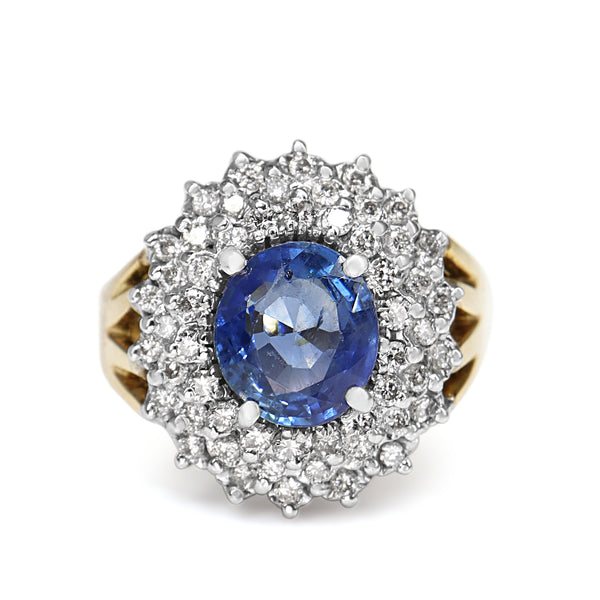 14ct Yellow and White Gold Sapphire and Diamond Double Halo Cocktail Ring