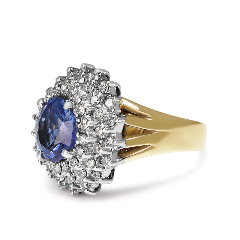 14ct Yellow and White Gold Sapphire and Diamond Double Halo Cocktail Ring