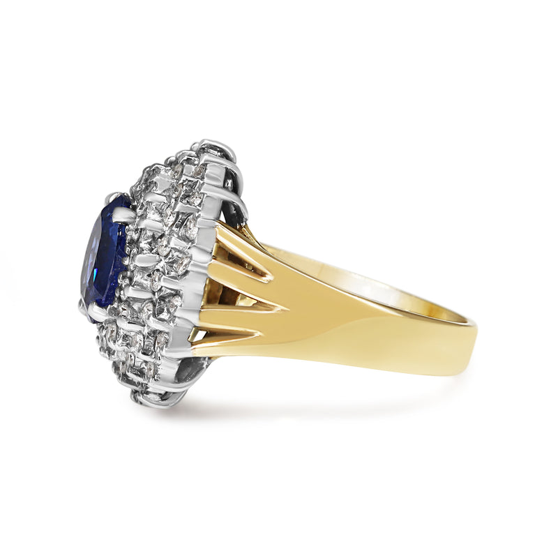 14ct Yellow and White Gold Sapphire and Diamond Double Halo Cocktail Ring