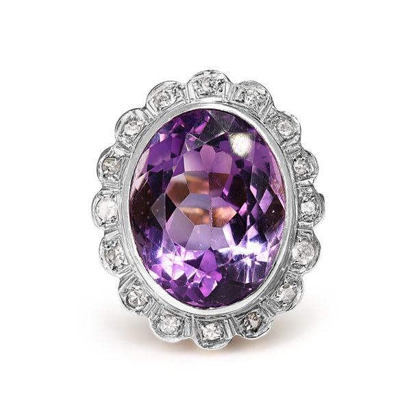 18ct Yellow and White Gold Vintage Amethyst and Single Cut Diamond Daisy Style Cocktail Ring