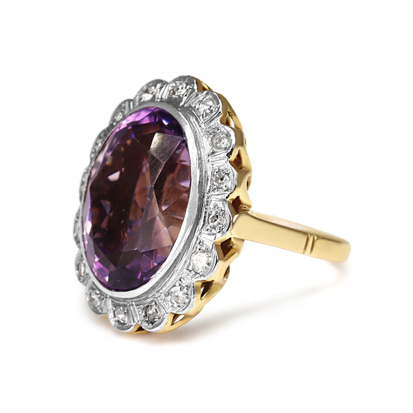 18ct Yellow and White Gold Vintage Amethyst and Single Cut Diamond Daisy Style Cocktail Ring