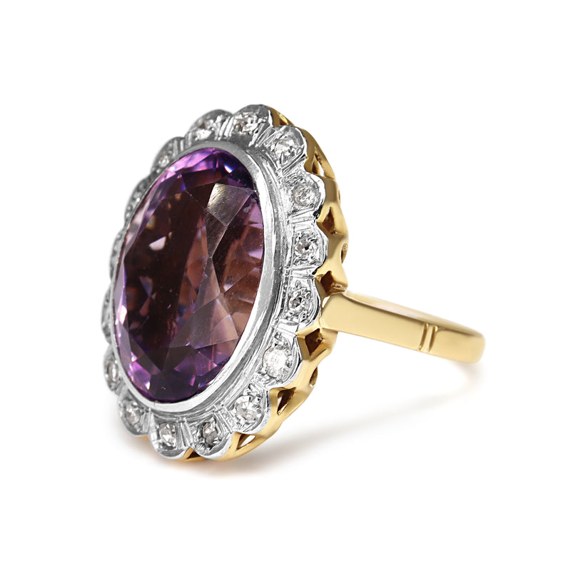 18ct Yellow and White Gold Vintage Amethyst and Single Cut Diamond Daisy Style Cocktail Ring