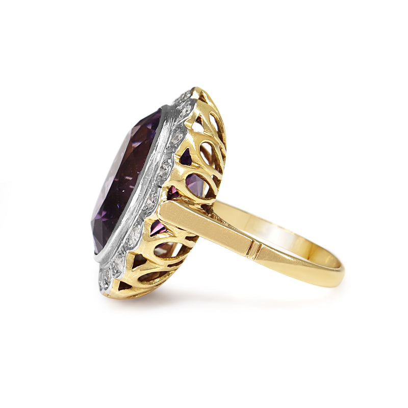 18ct Yellow and White Gold Vintage Amethyst and Single Cut Diamond Daisy Style Cocktail Ring