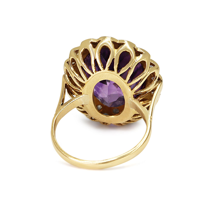 18ct Yellow and White Gold Vintage Amethyst and Single Cut Diamond Daisy Style Cocktail Ring