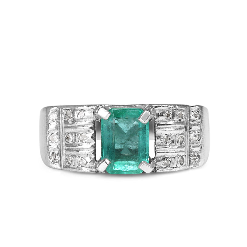 18ct White Gold Emerald and Single Cut Diamond Vintage Ring