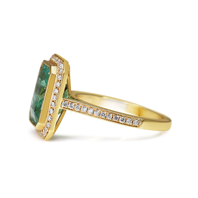 18ct Yellow Gold Emerald and Diamond Halo Ring