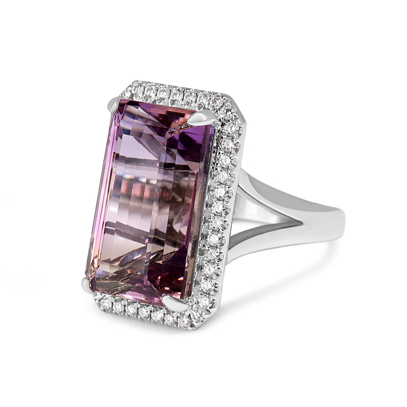 18ct White Gold Emerald Cut Amethyst and Diamond Halo Ring
