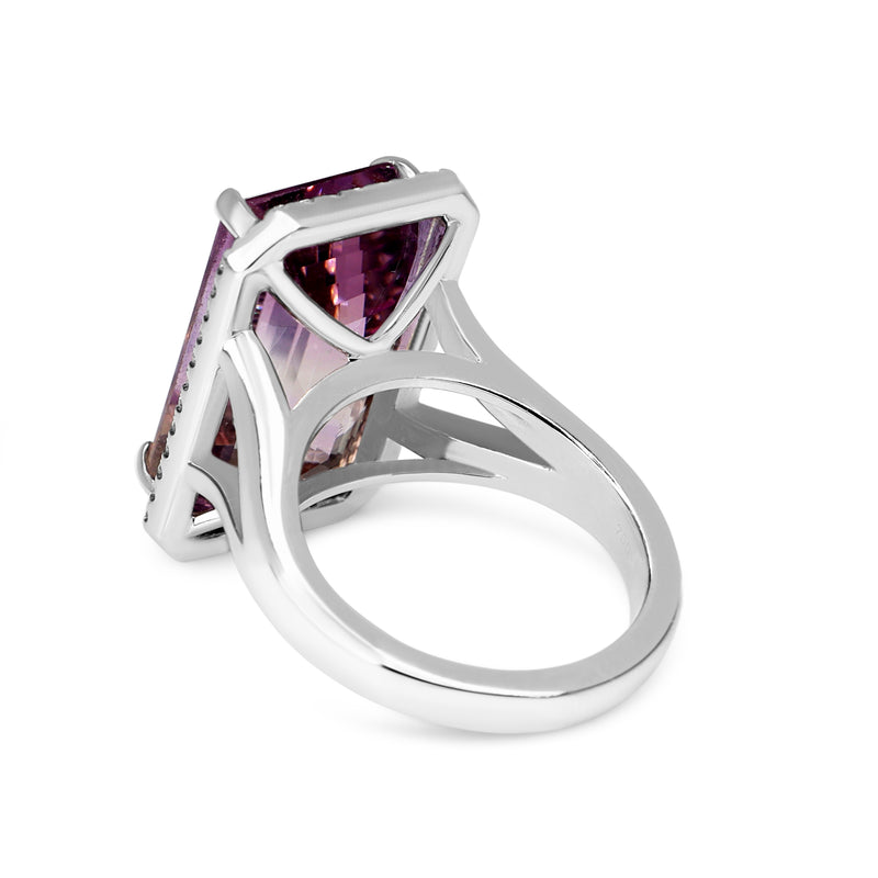 18ct White Gold Emerald Cut Amethyst and Diamond Halo Ring