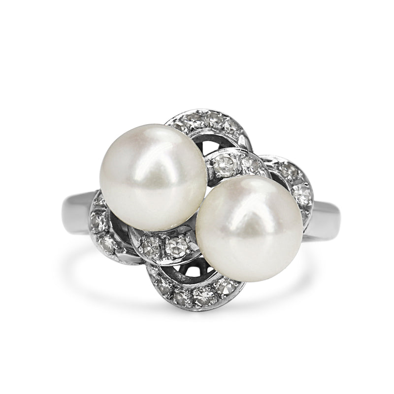 14ct White Gold Akoya Pearl and Single Cut Diamond Ring