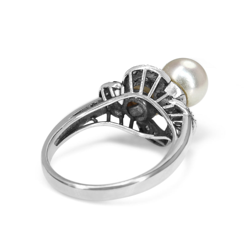 14ct White Gold Akoya Pearl and Single Cut Diamond Ring