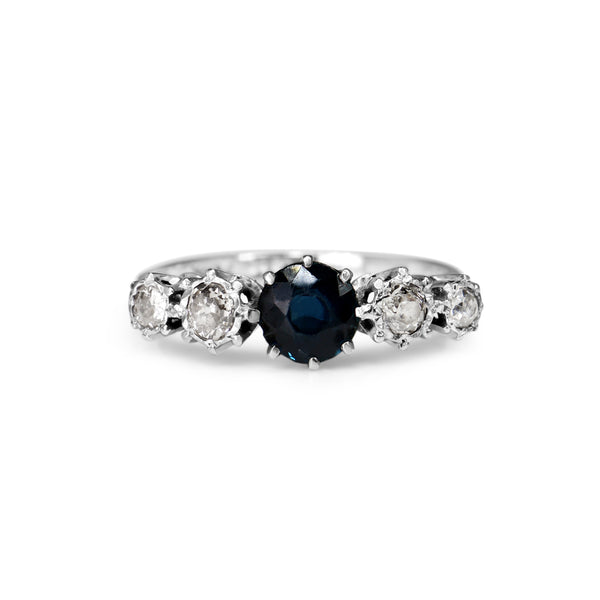 18ct White Gold Sapphire and Old Cut Diamond 5 Stone Ring