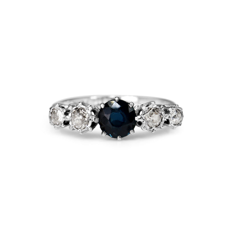 18ct White Gold Sapphire and Old Cut Diamond 5 Stone Ring