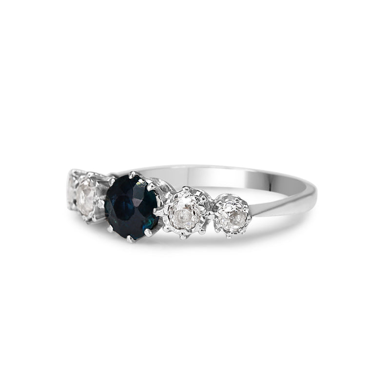 18ct White Gold Sapphire and Old Cut Diamond 5 Stone Ring