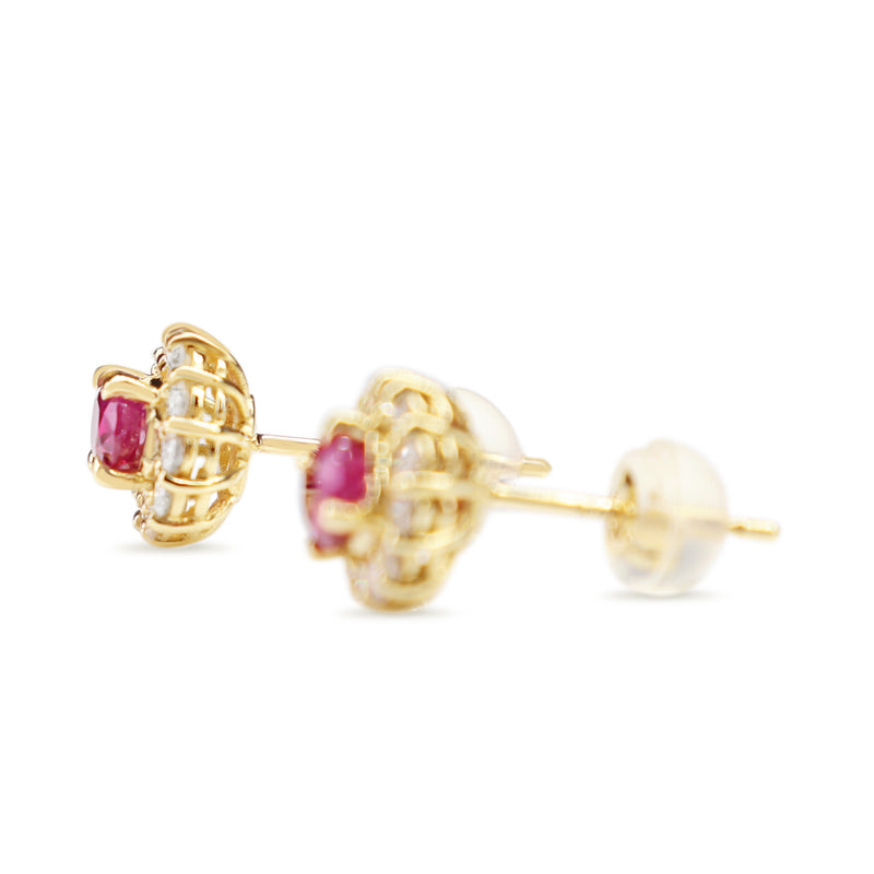 18ct Yellow Gold Ruby and Diamond Halo Stud Earrings