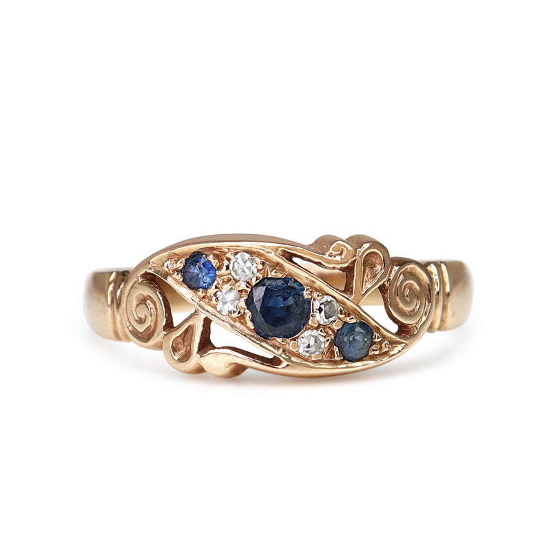 9ct Yellow Gold Sapphire and Diamond Antique Style Ring