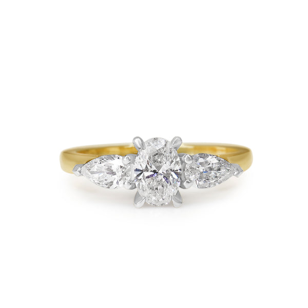 18ct Yellow and White Gold Oval and Pear Diamond 3 Stone Ring